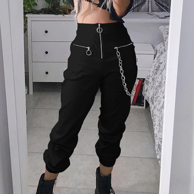 InsGoth Harajuku Black Streetwear Women Casual Pants Gothic Punk Grunge Harem Pants With Chains Black Female Long Trousers