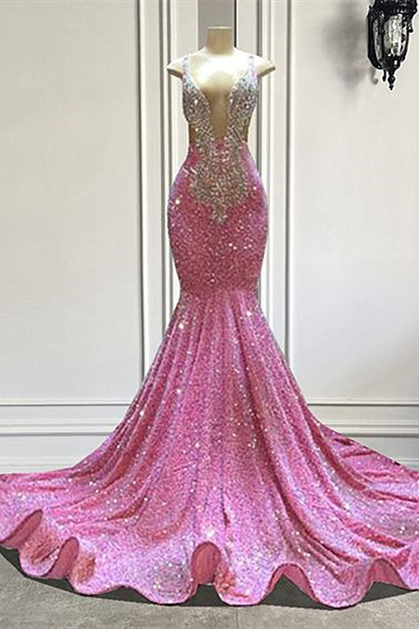 Dresseswow Pink Sleeveless Prom Dress Mermaid Sequins With Crystals