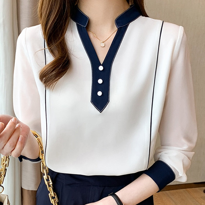 Autumn Women V-Neck White Chiffon Blosue Shirt Women Tops Long Sleeve ...