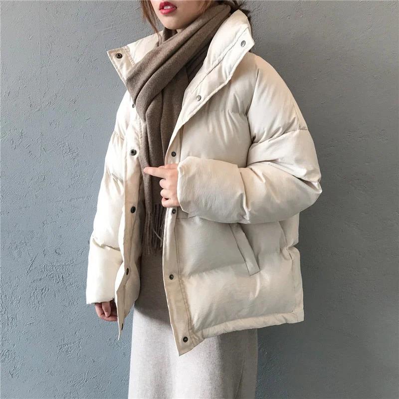 Fashion solid women winter down jacket stand collar short single-breasted coat preppy style parka ladies chic outwear female