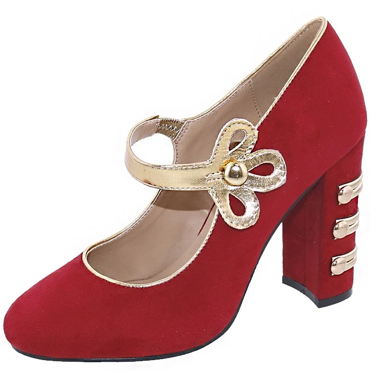 Red Mary Jane Heels Round Toe Chunky Heel Pumps |FSJ Shoes