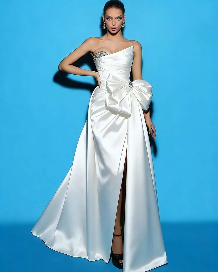Daisda Black Strapless Split Satin Sleeveless Prom Dress