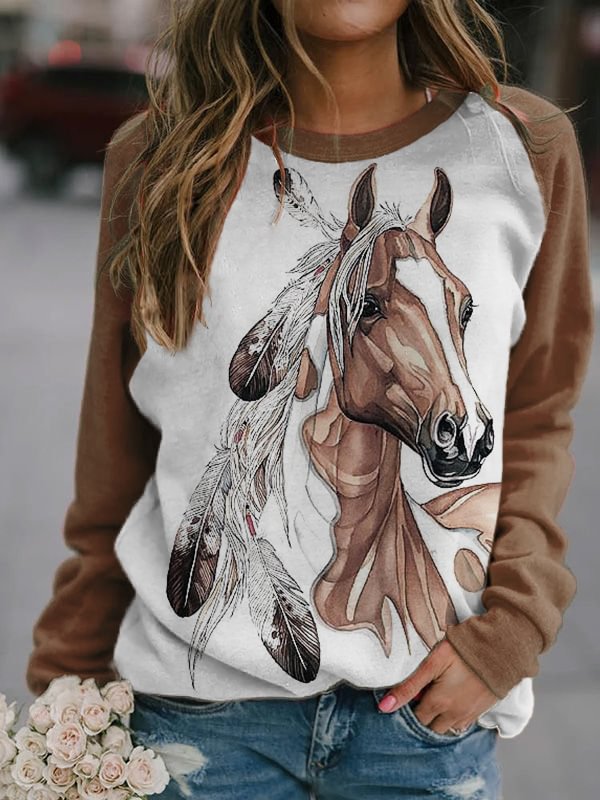 Vefave Indian Horse Print Contrast Color Sweatshirt