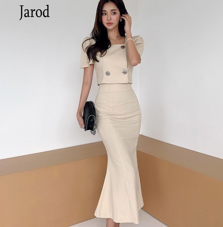 2021 Korean Autumn Women 2 Piece set Office OL Elegant Square collar short Sleeve crop Tops+High waist Mermaid Bodycon Skirt Set