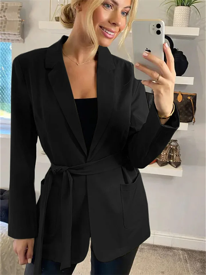 New Slim Type Fashion Solid Color Tie Pockets Small Suit Temperament Commuting Urban Wind Coat Women's Clothing-Cosfine