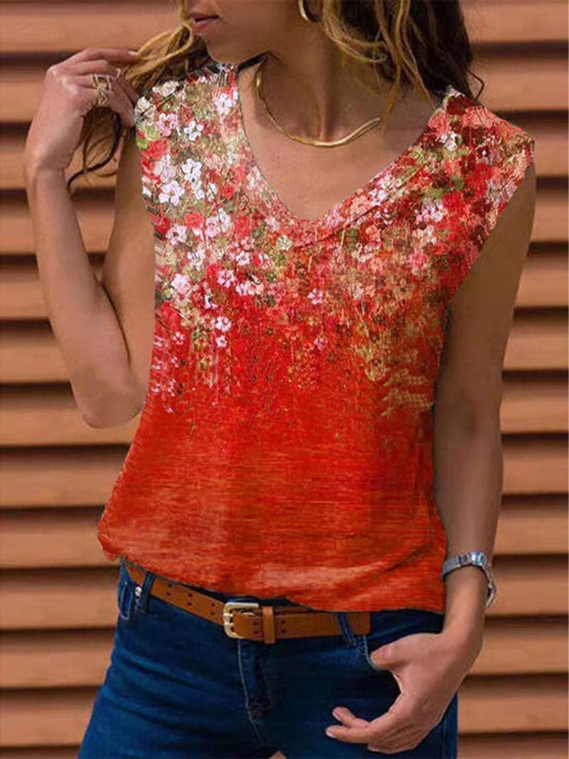 Uveng Loose Sleeveless V-neck Printed Vest T-shirt