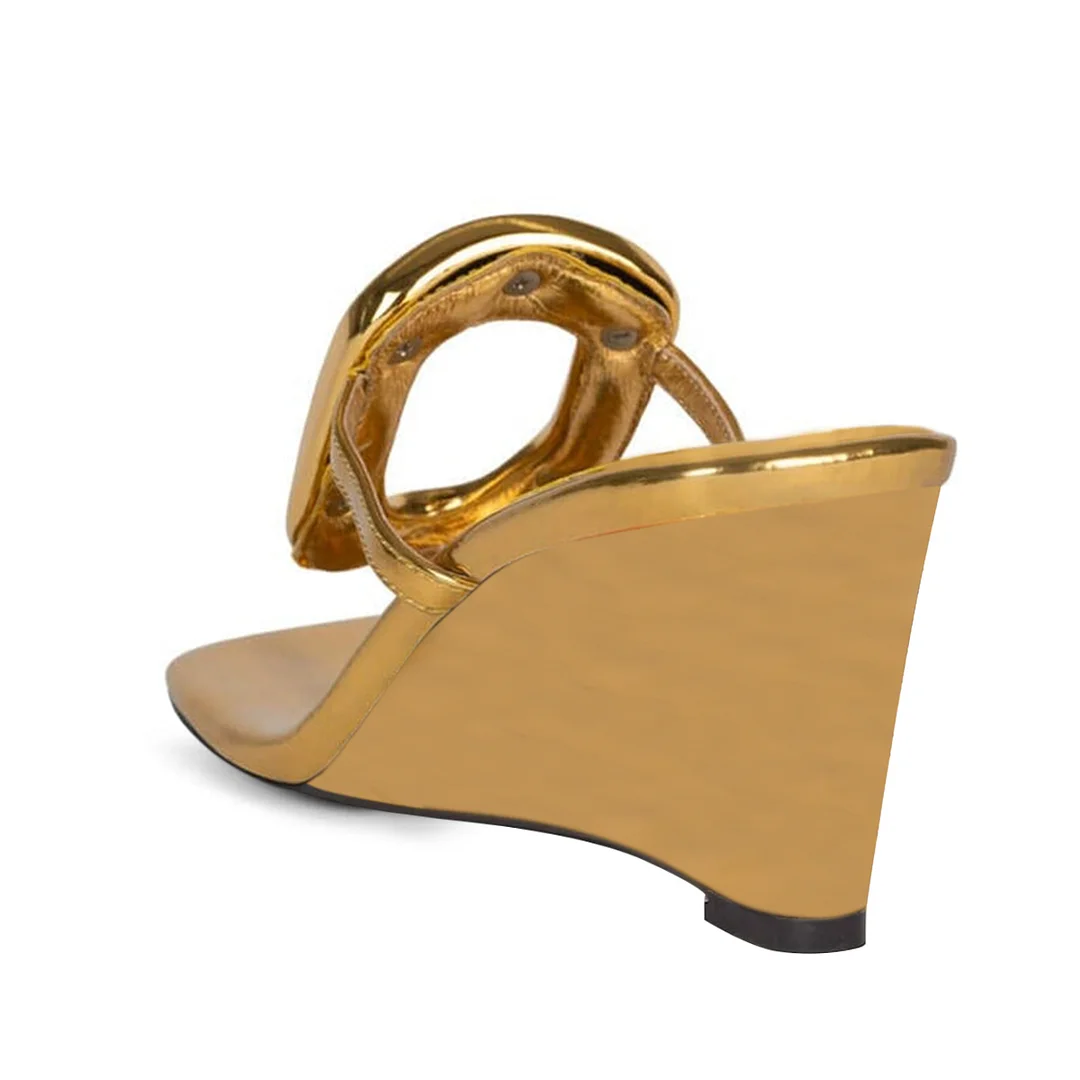 Gold Patent Leather Square Toe Buckle Strap Sandals with Wedge Heels