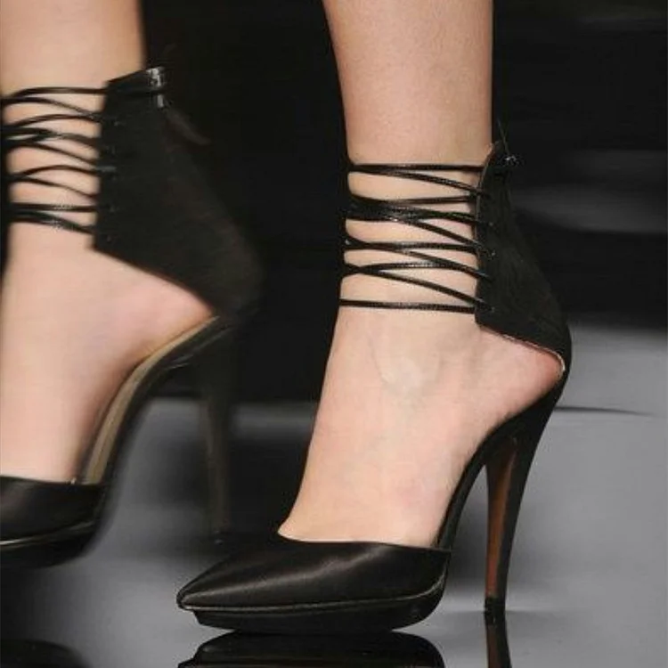 Black Satin Pointy Toe Stiletto Heels Strappy Pumps Shoes |FSJ Shoes