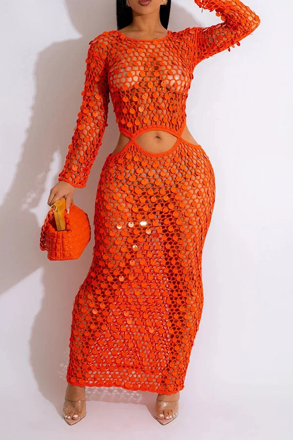Sequined Romantic Cutout Crochet Maxi Dress