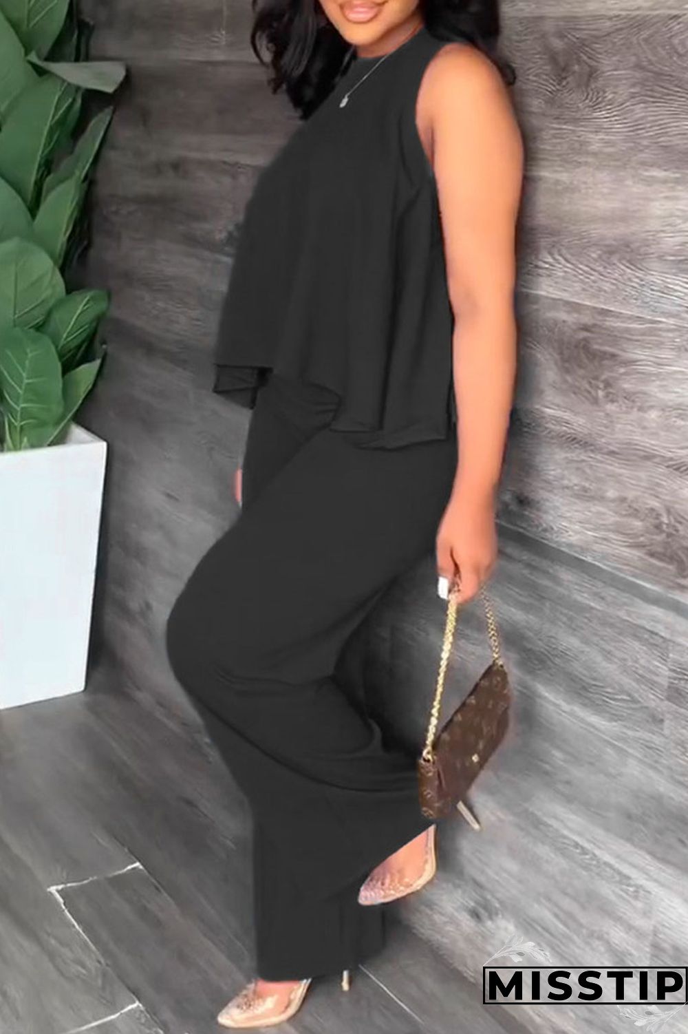 Black Casual Solid Patchwork O Neck Sleeveless Two Pieces