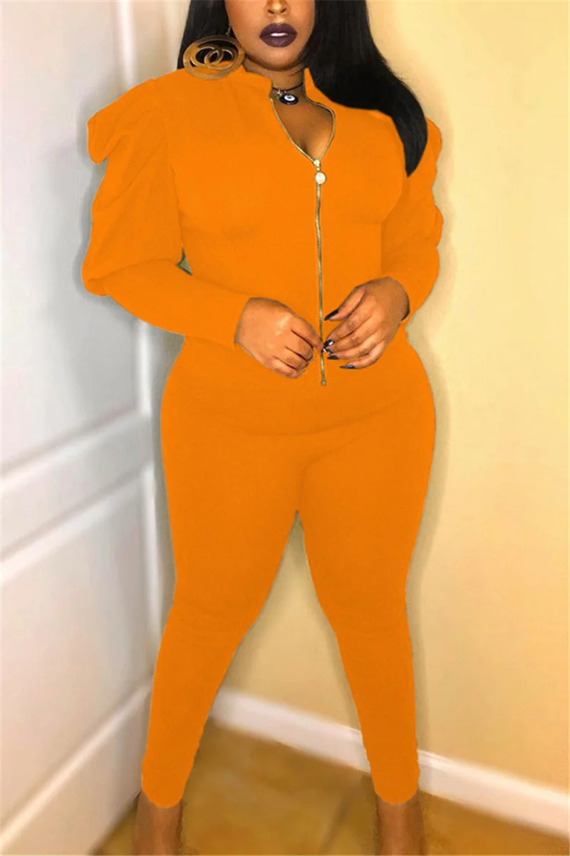 Orange Active Casual Patchwork Solid pencil Puff sleeve Two Pieces | EGEMISS