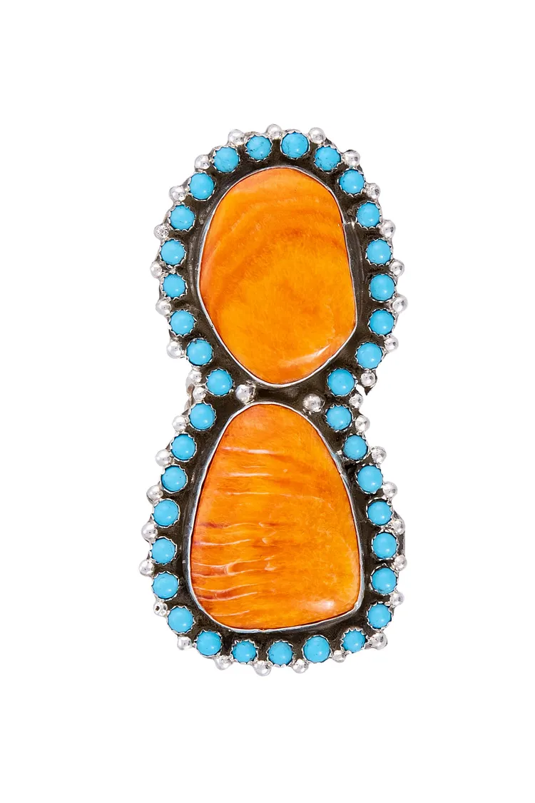 Ring, Turquoise & Orange Spiny Oyster, Double Stone, Hallmark, 676