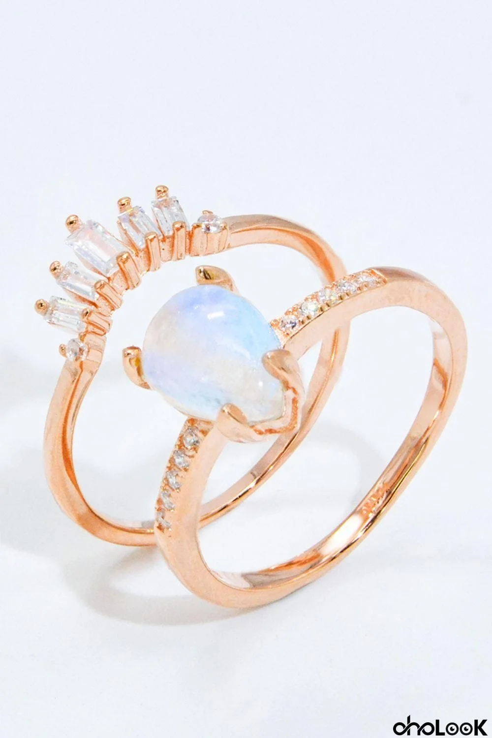 Natural Moonstone and Zircon 18K Rose Gold-Plated Two-Piece Ring Set