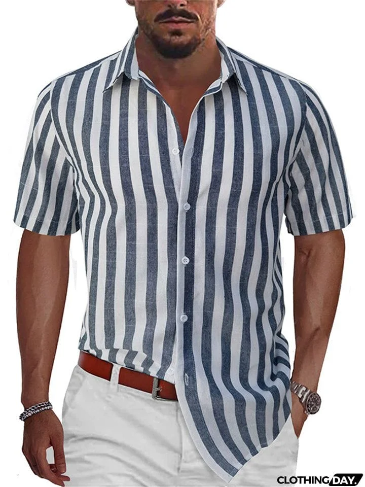 Men's Summer Classic Stripe Lapel Short Sleeve Button Beach Shirts