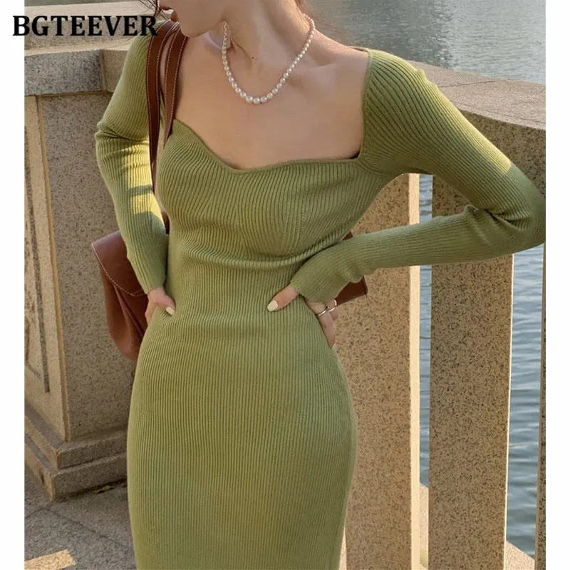 BGTEEVER Vintage Square Collar Knitted Bodycon Dress for Women Split Stretched Female Pencil Dress Vestidos 2021 Autumn Winter