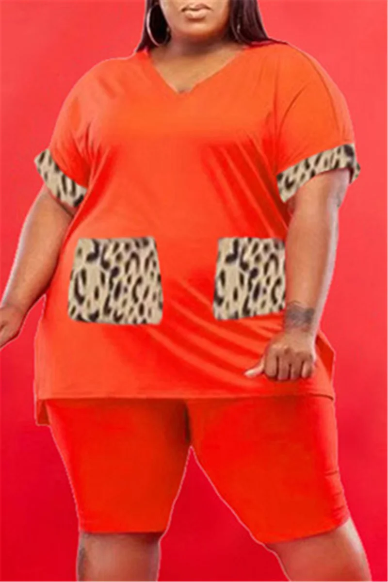 Orange Fashion Casual Print Pocket V Neck Plus Size Two Pieces | EGEMISS