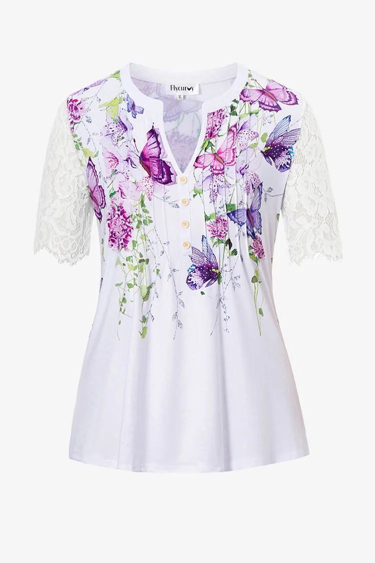 Plus Size Butterfly Print Half Lace Sleeve Split Neck Pleated Decorative Button Casual Blouses  Flycurvy [product_label]