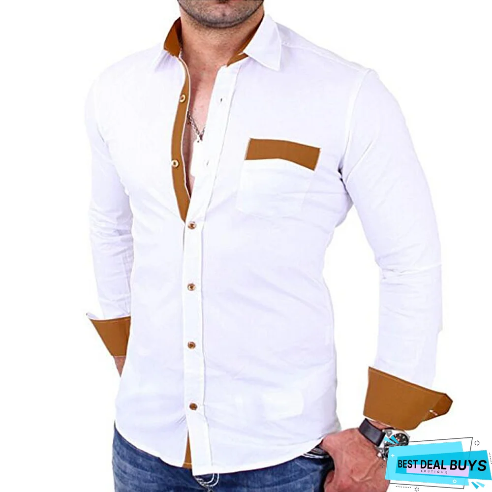 Men's Color Block Slim Long-Sleeves Business Shirts