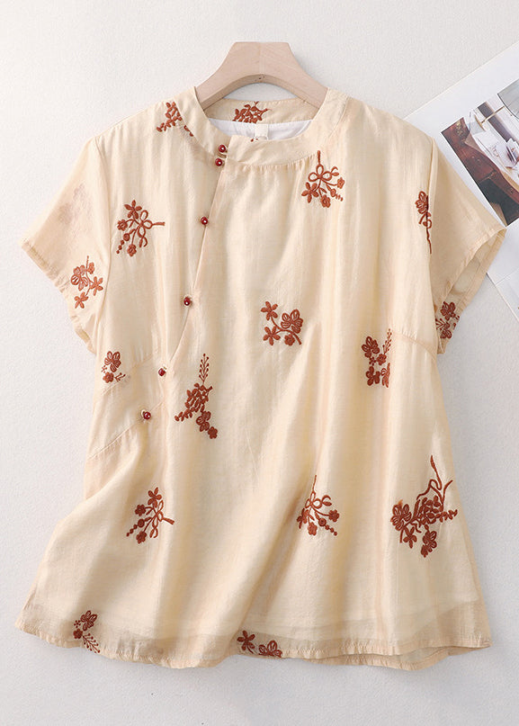 VCSHOES Red Embroidered Button Linen Blouses Summer
