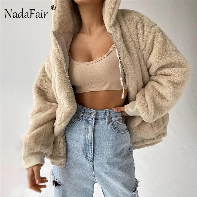 Christmas Gift Nadafair Winter Thick Warm Fur Coat Women Fashion Soft Plush Teddy Coat Ladies Zip Hodded Casual Loose Faux Fur Jacket Outwear