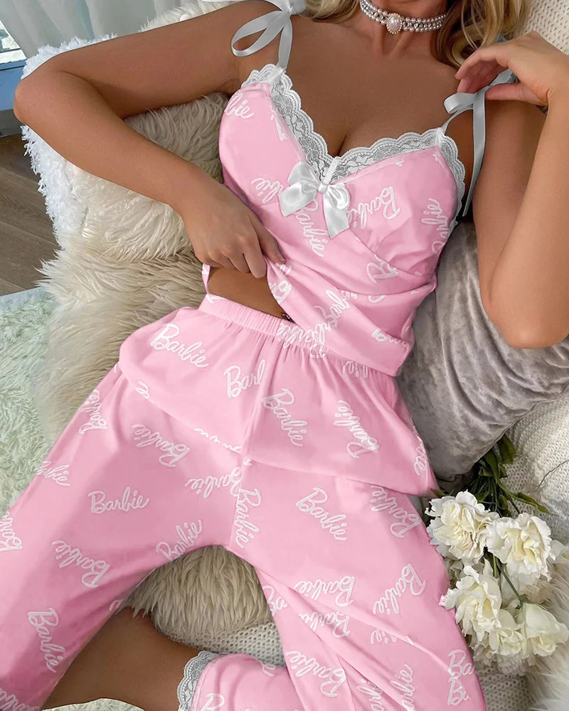 Brownm Summer New Sexy Sling Lace Pyjamas Women Summer Printing Leisure Can Wear Home Clothes Trousers Set