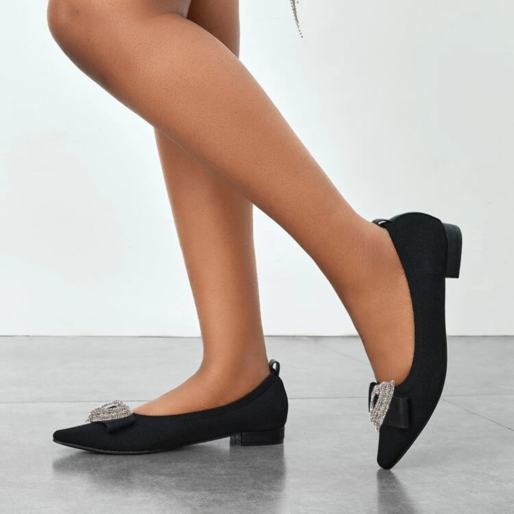 Black Textile Closed Toe Chunky Heel Rhinestone Pumps Nicepairs