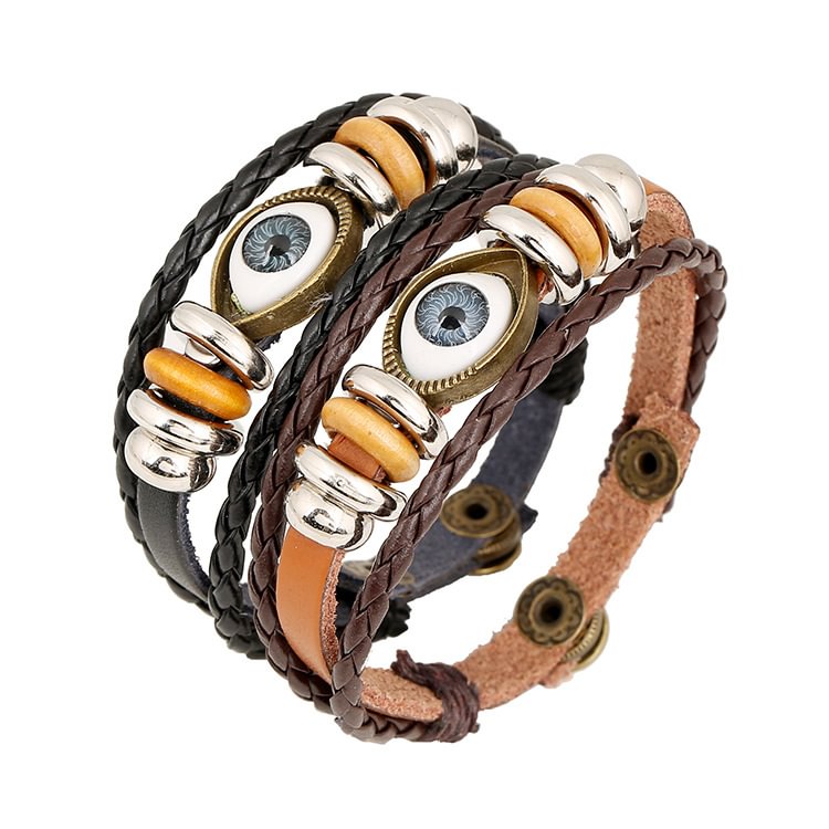 Men's vintage braided blue eyes cowhide bracelet