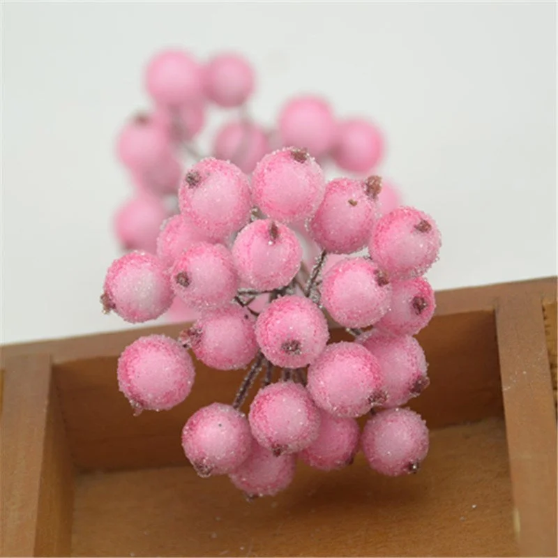 20pcs Mini Double Heads Artificial Glass Berries Pomegranate Red Cherry Bouquet Stamen Christmas Decorative DIY Craft Fake Fruit