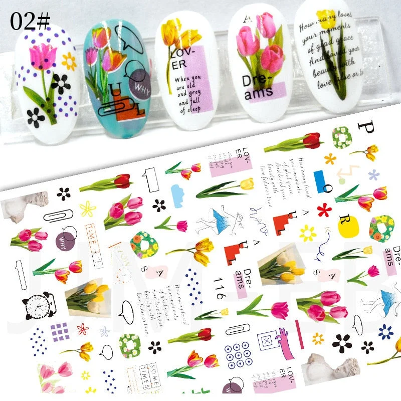 Geometric Lines Flower Leaf 3D Nail Stickers Blue Gold Cool Fall Leaves Spring Transfer Slider Nail Art Decoration Manicures-Nail Inspo