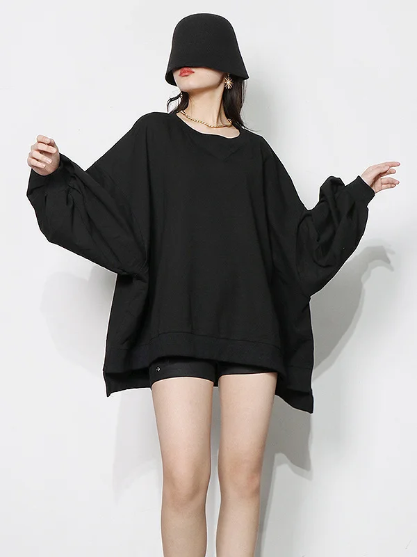 Casual Simple Puff Sleeves Solid Color Round-Neck Sweatshirt Top
