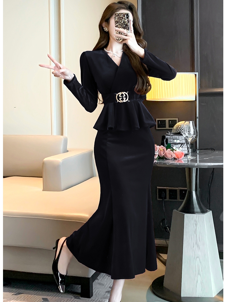 Elegant Chic Velvet Evening Party Dress Women V Neck Long Sleeve Ruffles Bodycon Vestidos Female Luxury Belt Mermaid Clothes