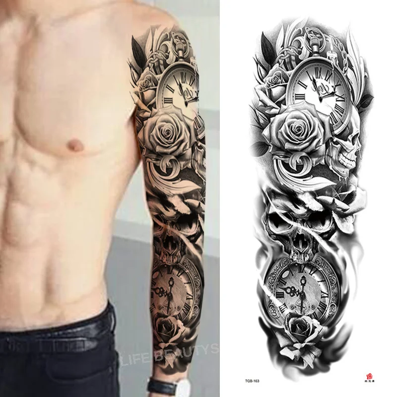 Sdrawing Arm Sleeve Tattoo Lion Crown King Rose Waterproof Temporary Sticker Wild Wolf Tiger Men Full Skull Totem Tatoo
