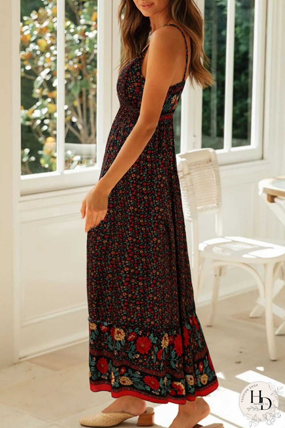 Bohemian Spaghetti Strap Frill Trim Maxi Dress