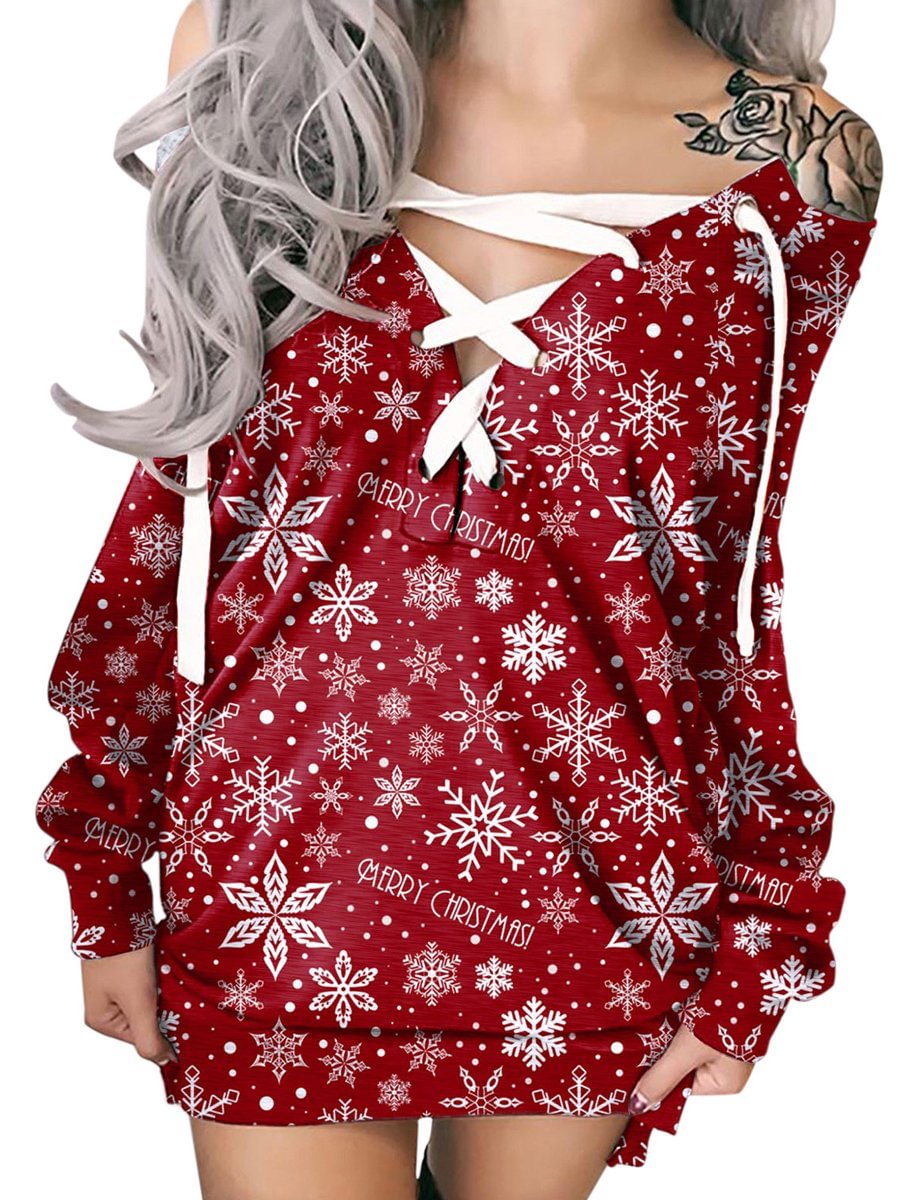 Sweatshirt Dress V-neck Drawstring Lace-up Long Sleeve Mini Christmas Dresses