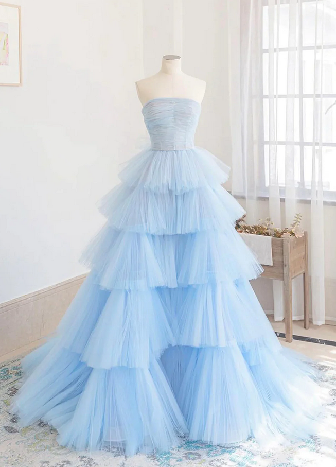 layered tulle fairy prom dresses,gorgeous light blue prom dresses