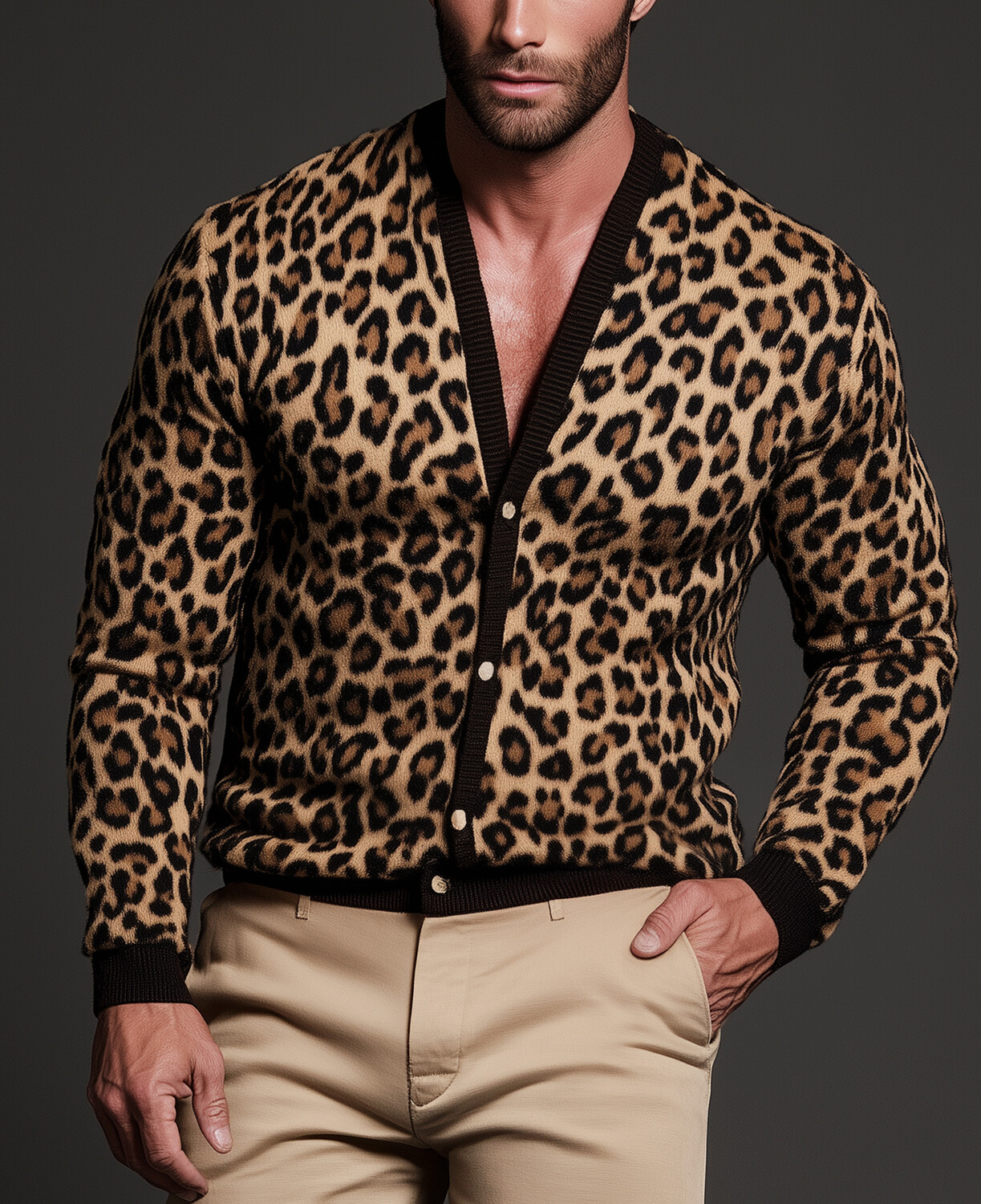 Okaywear Leopard Pattern V Neck Single Breasted Cardigan Sweater