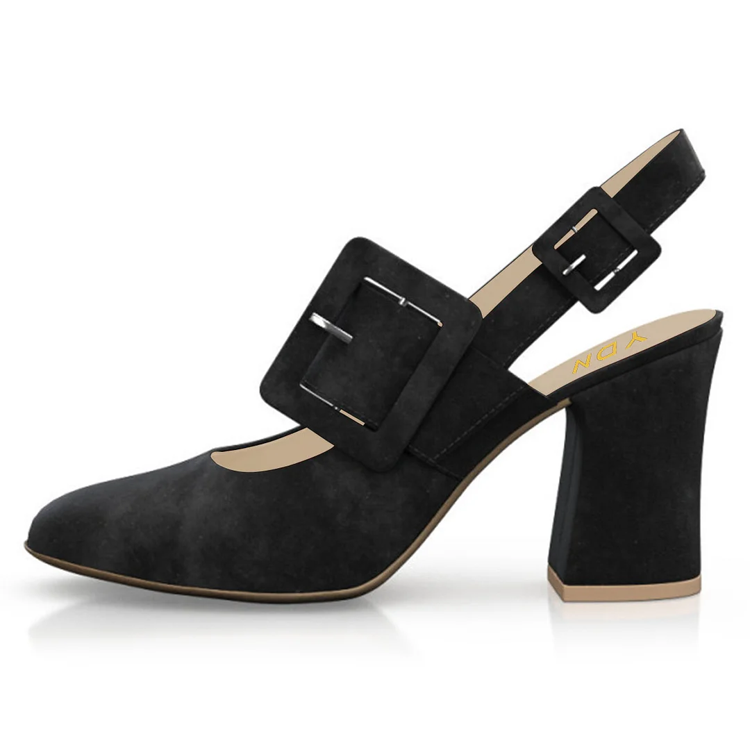 Classic Vegan Suede Buckle Round Toe Slingback Pumps Heels in Black