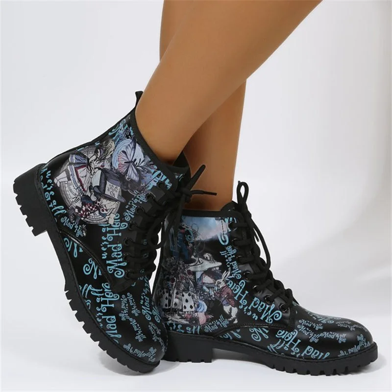 Women's  Retro Round Toed Fairy Print Lace Up Motorcycle Boots