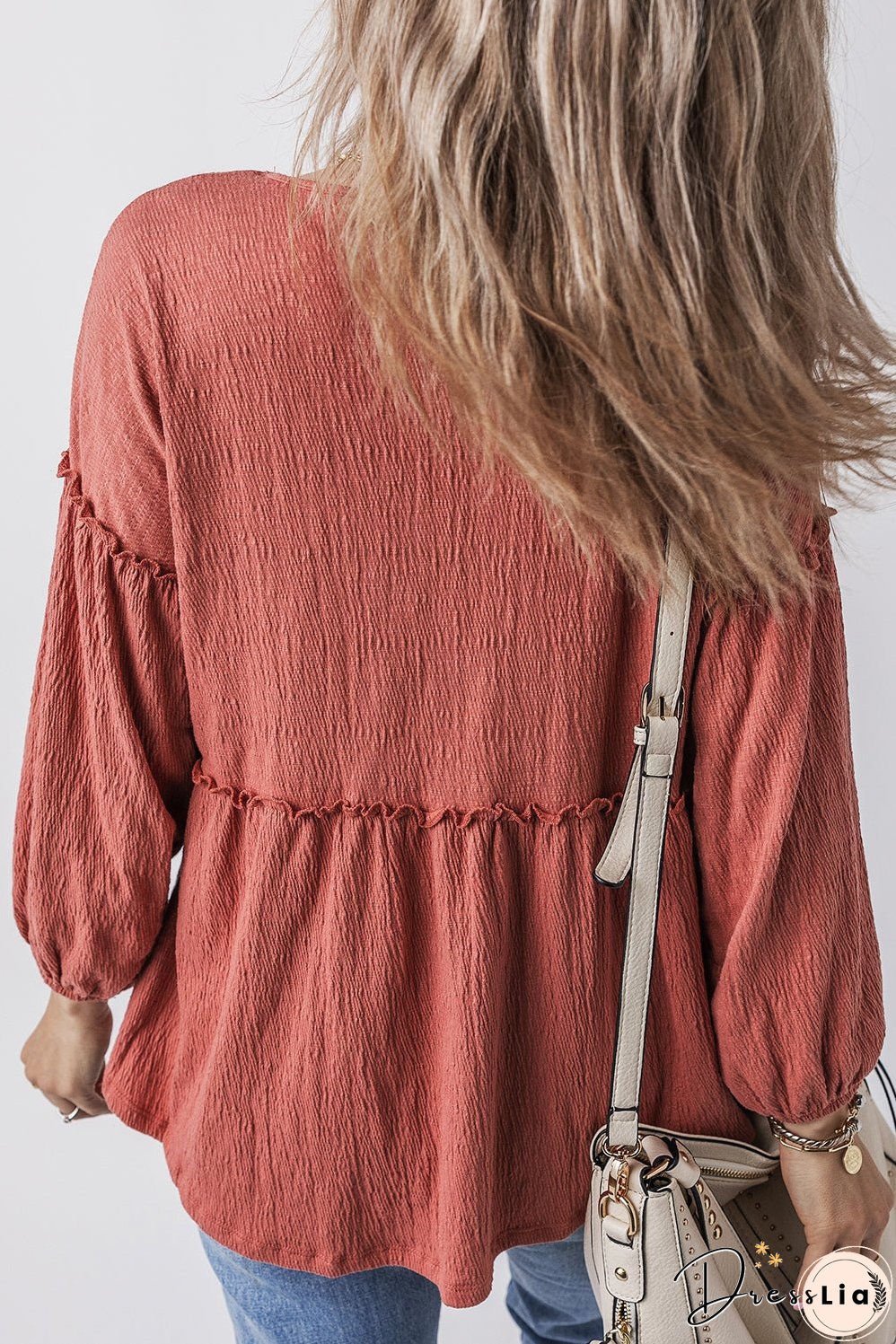 Mineral Red Solid Color Textured Frilled Trim V Neck Puff Sleeve Blouse