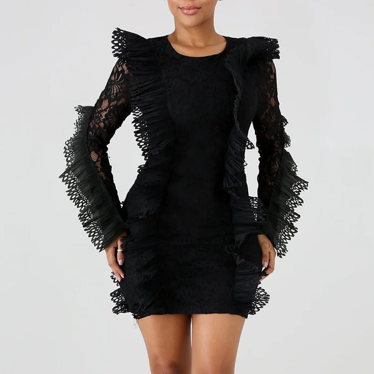 Lace Ruffles Long Sleeve Hollow Out Bodycon Party Dress - IRBOOM Fashion Clothing
