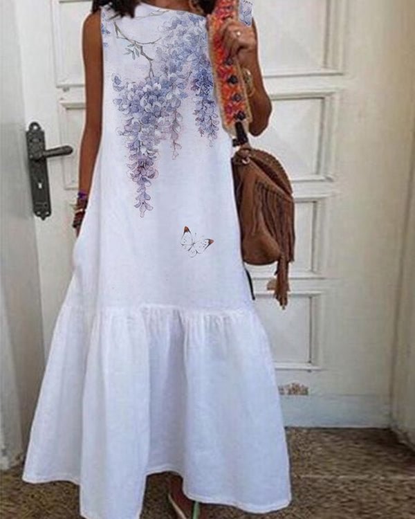 Casual Round Neck Floral Print Long Dress - Chicaggo