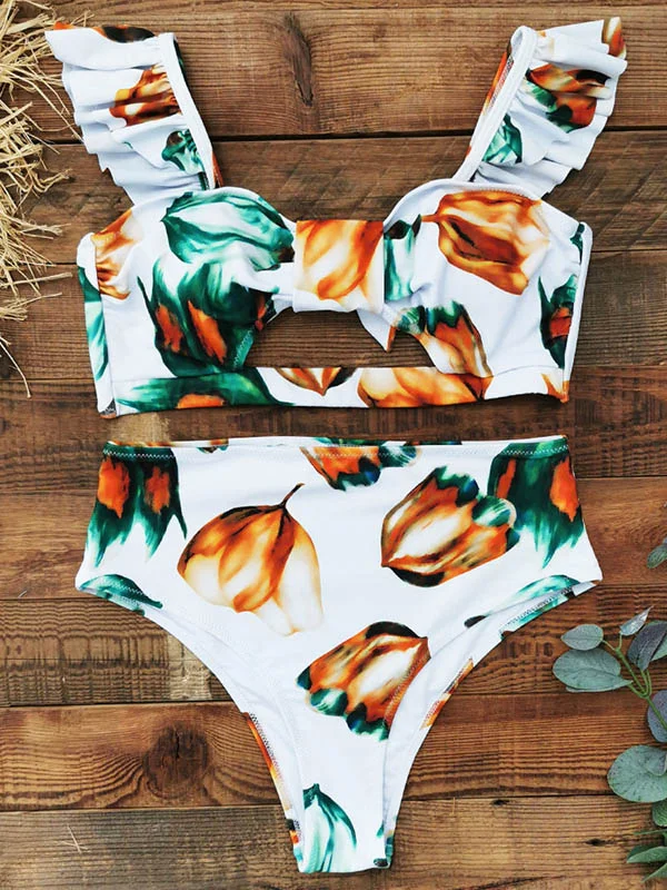 Floral-Print Flared Sleeves Split Bikini Swimsuit