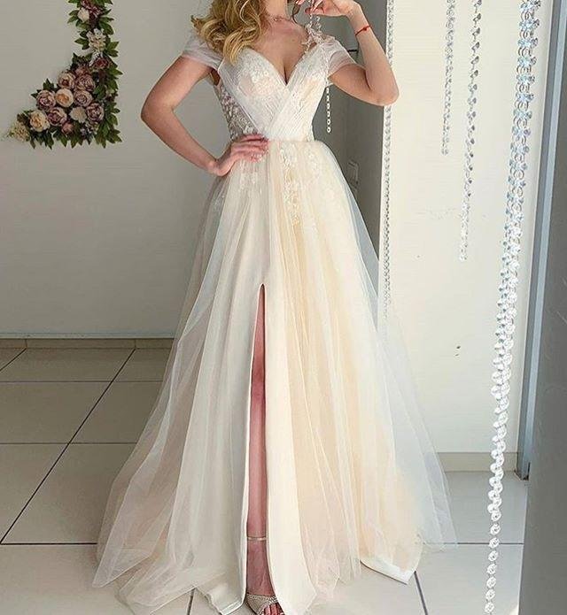 Promsstyle Off shoulder deep v neck side slit lace mesh slip dress Prom Dress 2023