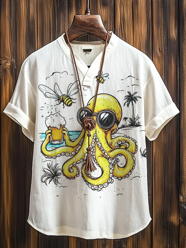 Men's Octopus Drinks Beer And Talks To Bees Art Print V Neck T-Shirt