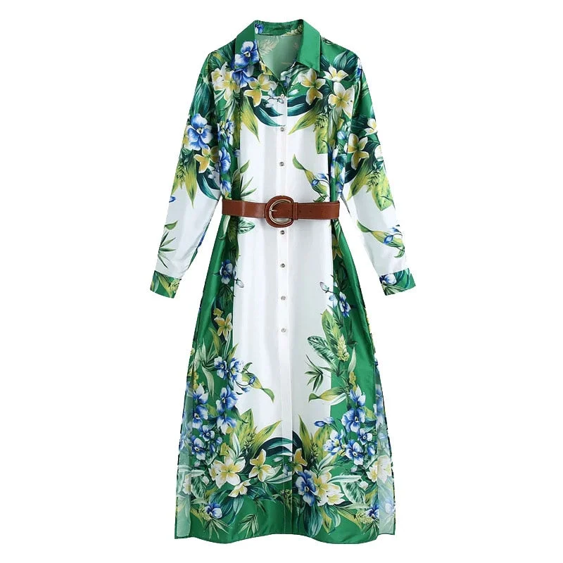 TRAF Women Chic Fashion With Belt Floral Print Midi Dress Vintage Long Sleeve Side Vents Female Dresses Vestidos Mujer
