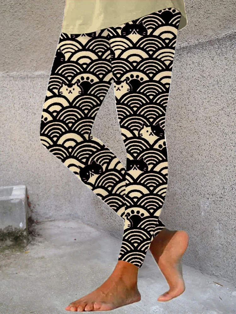 Japanese Art Wave and Cat Print Casual Stretch Leggings