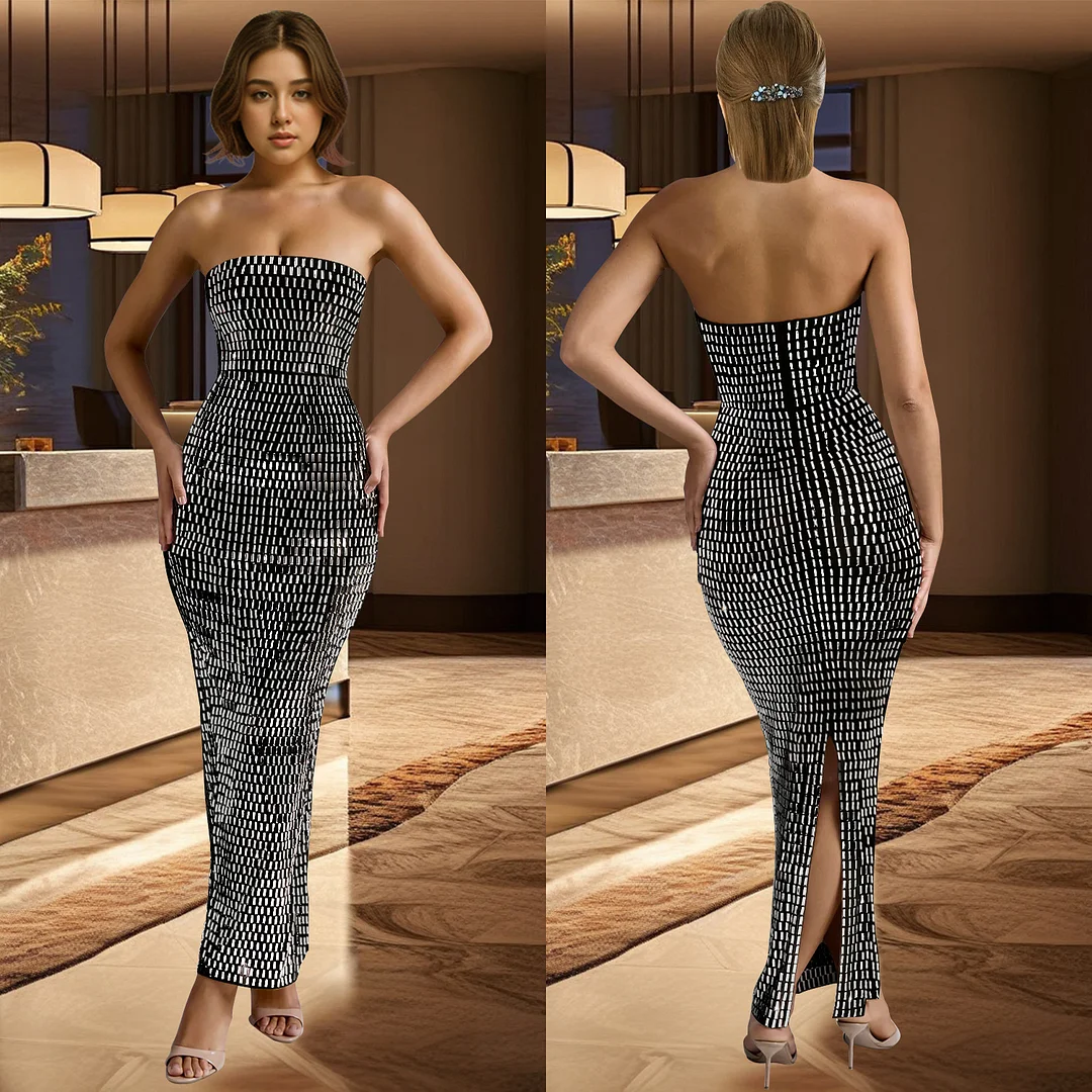 Women's Sexy Rhinestones Strapless Slim Waist Sequin Long Dress Party Gowns