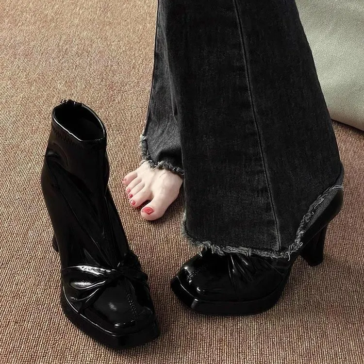 Breakj Breakj With Thick Bottom Height Small Ankle Boots Women 2025 Autumn New Square Bows Short Boots French Elegant Thin Skin Boots