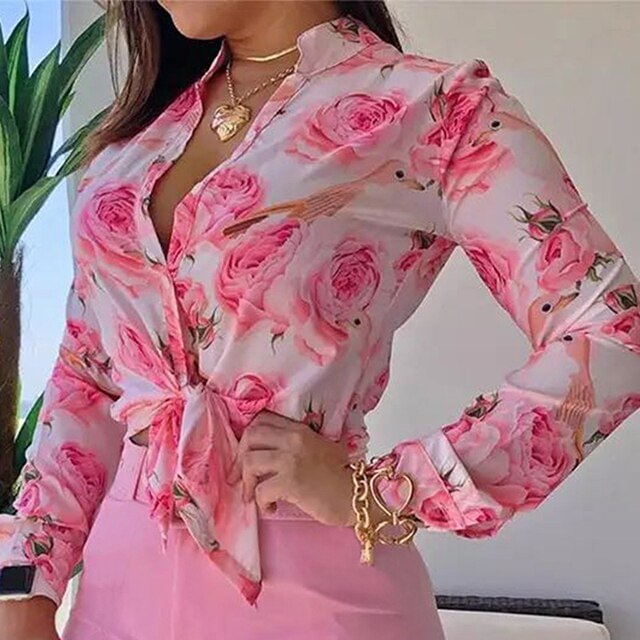 Spring Autumn Women Blouse Elegant Fashion Turn-down Collar Shirt  Female Top Floral Print Tied Front Long Sleeve Casual Blouse