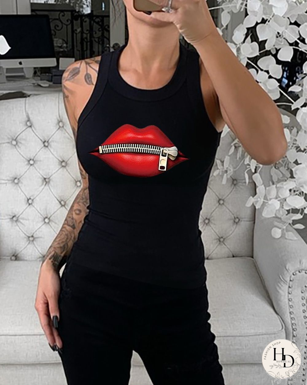 Summer Sleeveless Basic Cami Top Shirt Slim Knit Ribbed Racerback Blouses Lip Zipper Print